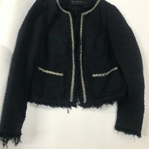 Zara navy blazer with embellished neckline